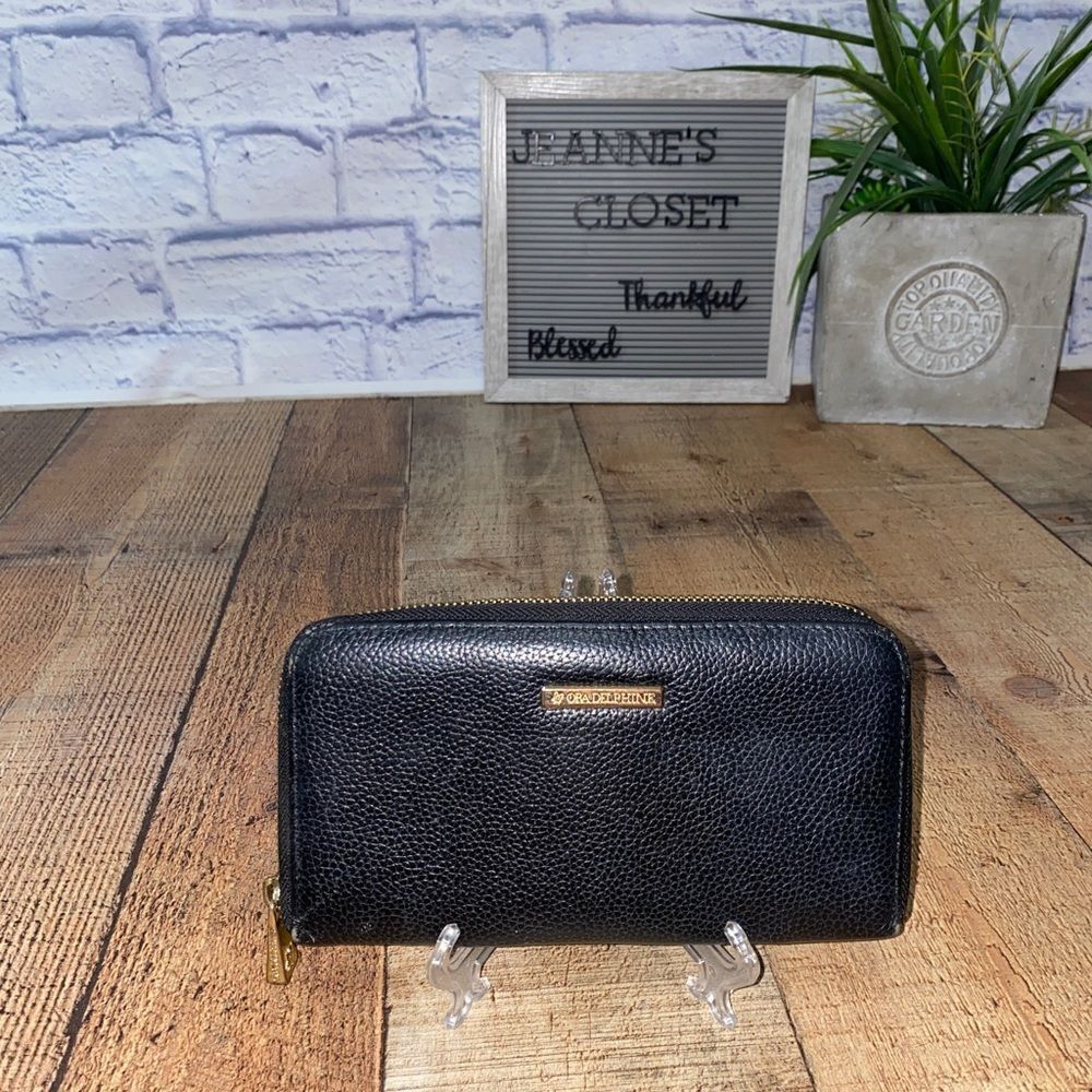 Ora Delphine Black pebbled Leather zip around Wallet